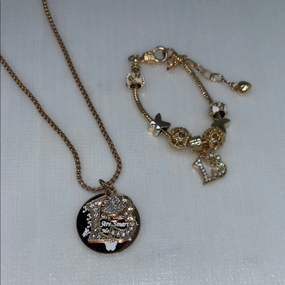 13 yr old girl jewelry gift set Gold NecklacePendant and charm bracelet NWT